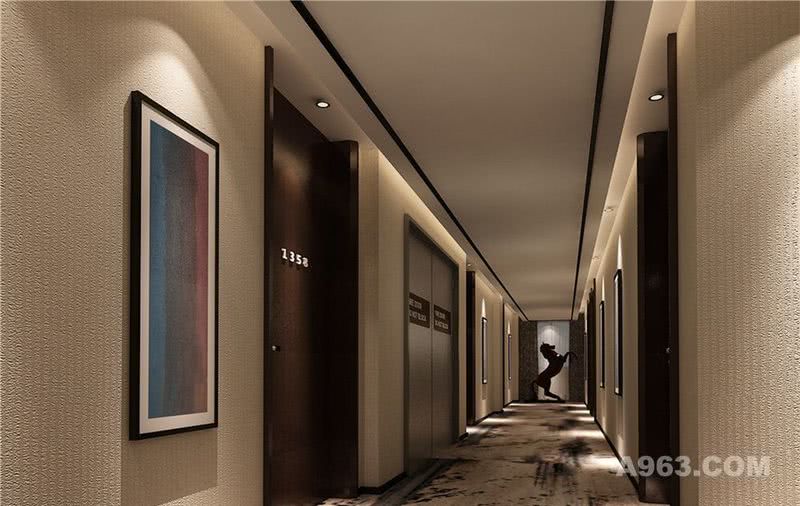 客房走廊
以水墨的手法与简单的线条体现整个空间的新中式感，墙上抽象的挂画让空间多了艺术的气息。