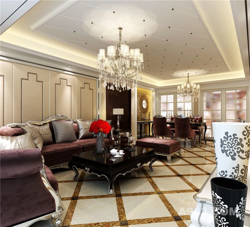 【武汉全包装修】客厅采用挑高设计的吊顶，紫红色沙发组合配上黑色大理石茶几，倍觉精致。地板砖上摆放着兼具古典与现代的装饰物品，很是优雅。