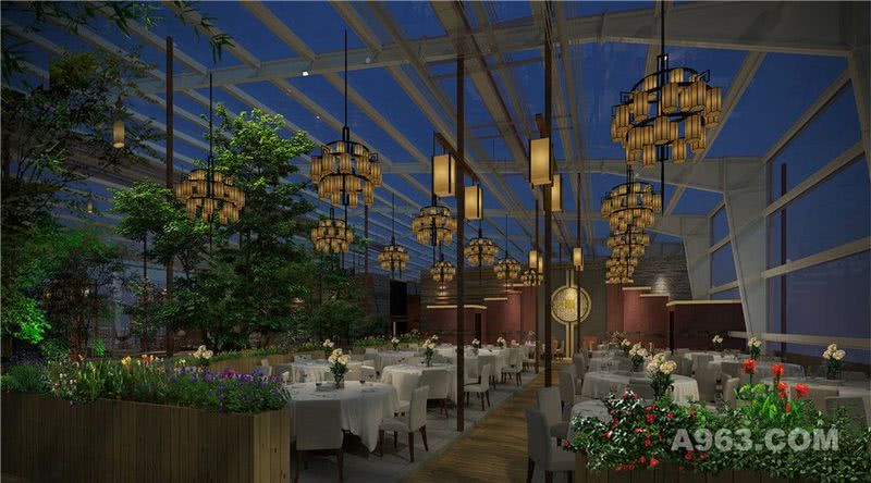 餐厅由钢架和玻璃构成，餐厅四周充满绿植，客人与自然亲密接触；独具特色的吊灯，洒下柔和的灯光，从营造出一个有情调的美食空间。
        玻璃的材质让人在享受美食的同时 ， 晚上可观浪漫的星空，白天可引入室外自然的风景。