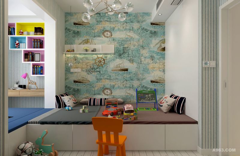 榻榻米设计充分利用空间增加收纳，壁纸丰富儿童房空间色彩和层次。