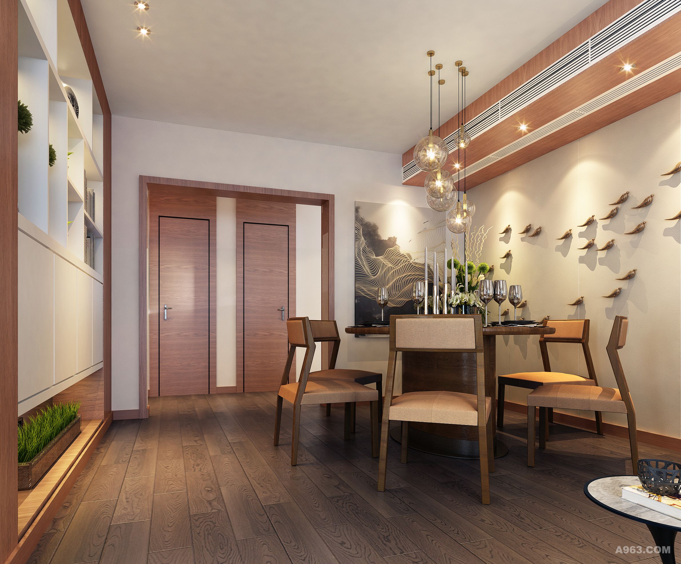餐厅以简洁的白色为主要色调，客户喜欢暖色的空间，由于60后中年人的喜好，增加了木饰面的材质呼应整个空间。