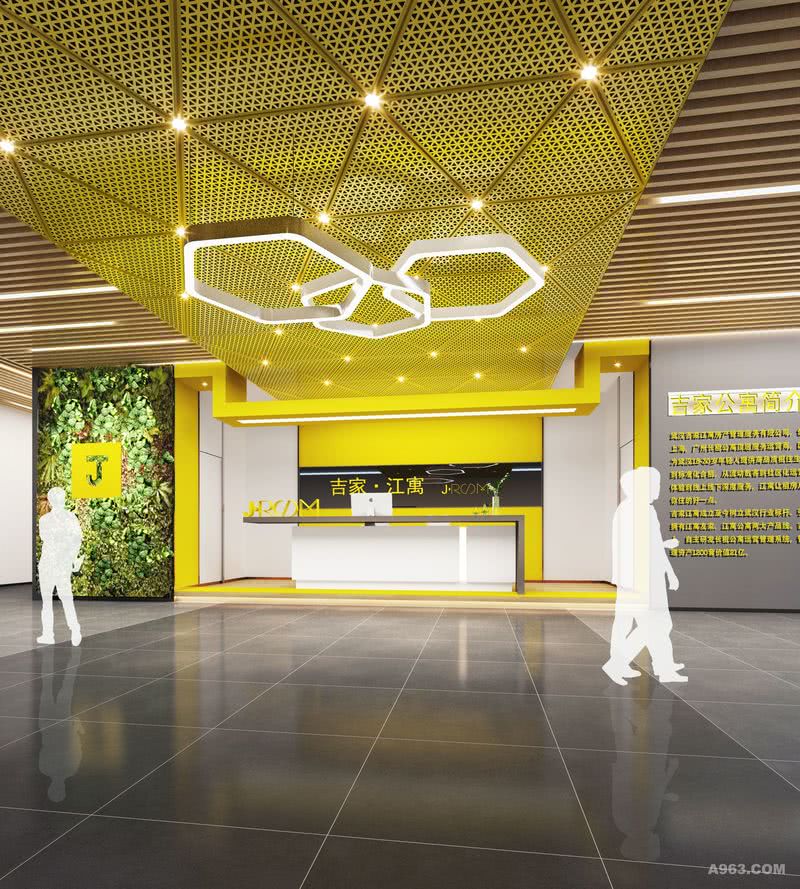 前厅的设计，运用张拉网的材质贯穿整个入口到前厅，黄色的主色调体现出这个空间的元素，绿植的元素体现整个企业的青春活力。公司的简介在入口的地方一目了然，更让来访人员更好清晰的了解公司。