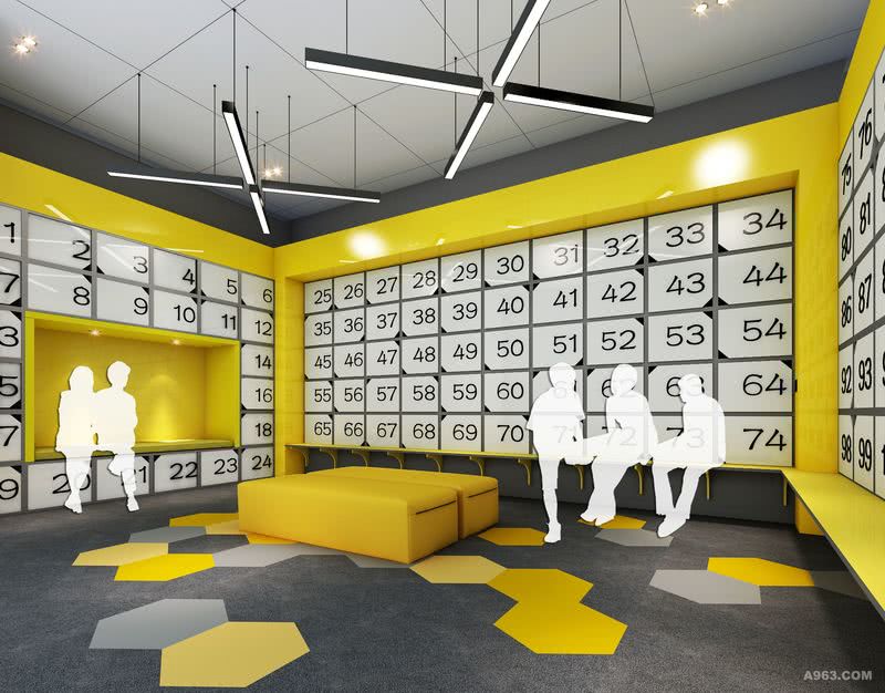 员工更衣室，黄色元素不变，将智能更衣间运用到整个空间中，加有卡座的功能，便于员工的使用方便
