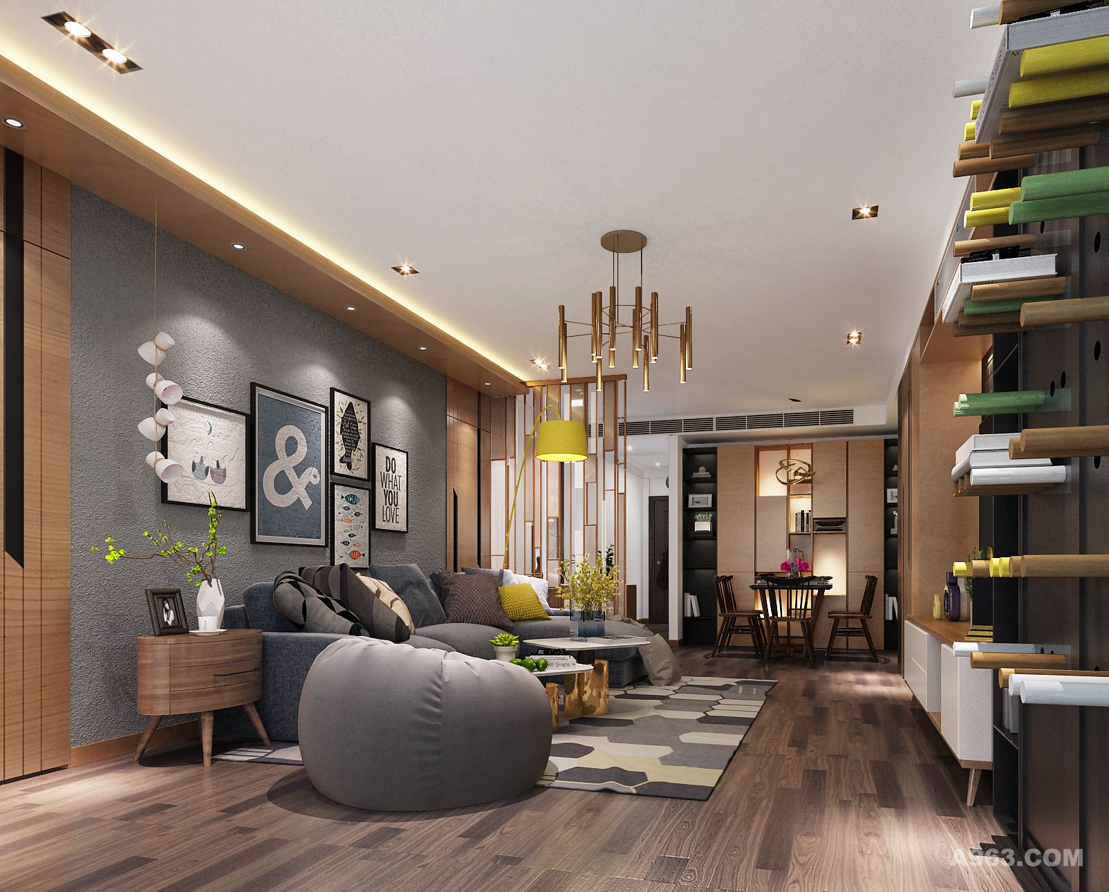 客厅空间运用灰白木三色，体现整体空间的风格，北欧与现代的结合，满足客户的需求。