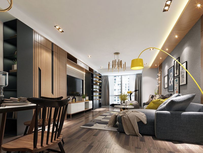 客厅空间运用灰白木三色，体现整体空间的风格，北欧与现代的结合，满足客户的需求。