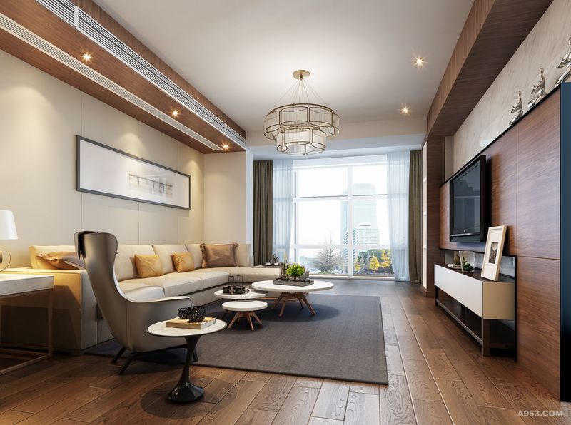 客厅以简洁的白色为主要色调，客户喜欢暖色的空间，由于60后中年人的喜好，增加了木饰面的材质呼应整个空间。