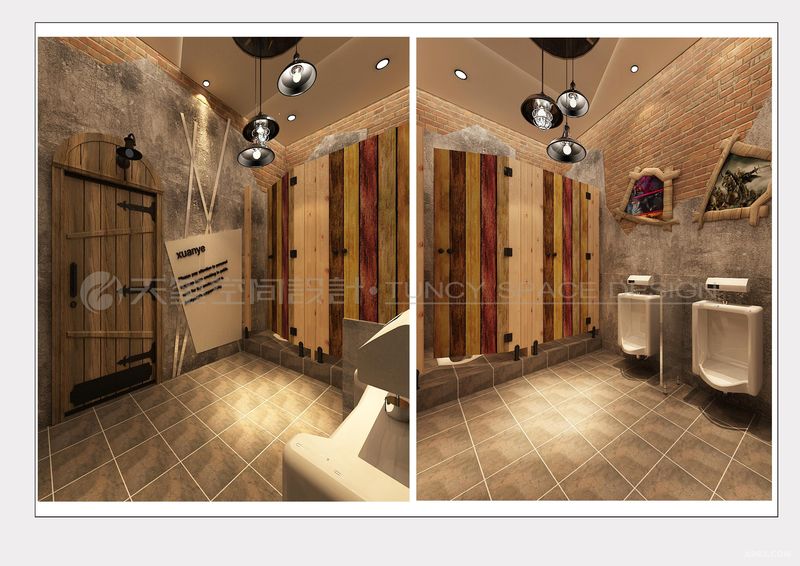 卫生间的设计尽显loft工业风格，主要以实木为主，并且应用仿古墙以及彩色木板，仿古砖为主。