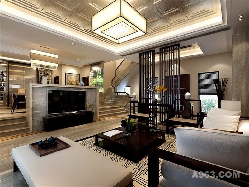 绿地海域观园460平别墅项目装修新中式风格设计，上海腾龙别墅设计作品