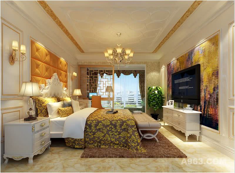  卧室空间延续了客厅的整体色调，以金色为主，顶面造型以简单的圆形为基础图案，并使用金色圈线作为装饰，使空间更显大气；床头背景墙采用黄色软包和金色圈线作为装饰，而电视背景墙采用彩色油画做为装饰，使空间色彩更极爱丰富，也更加充满趣味性。