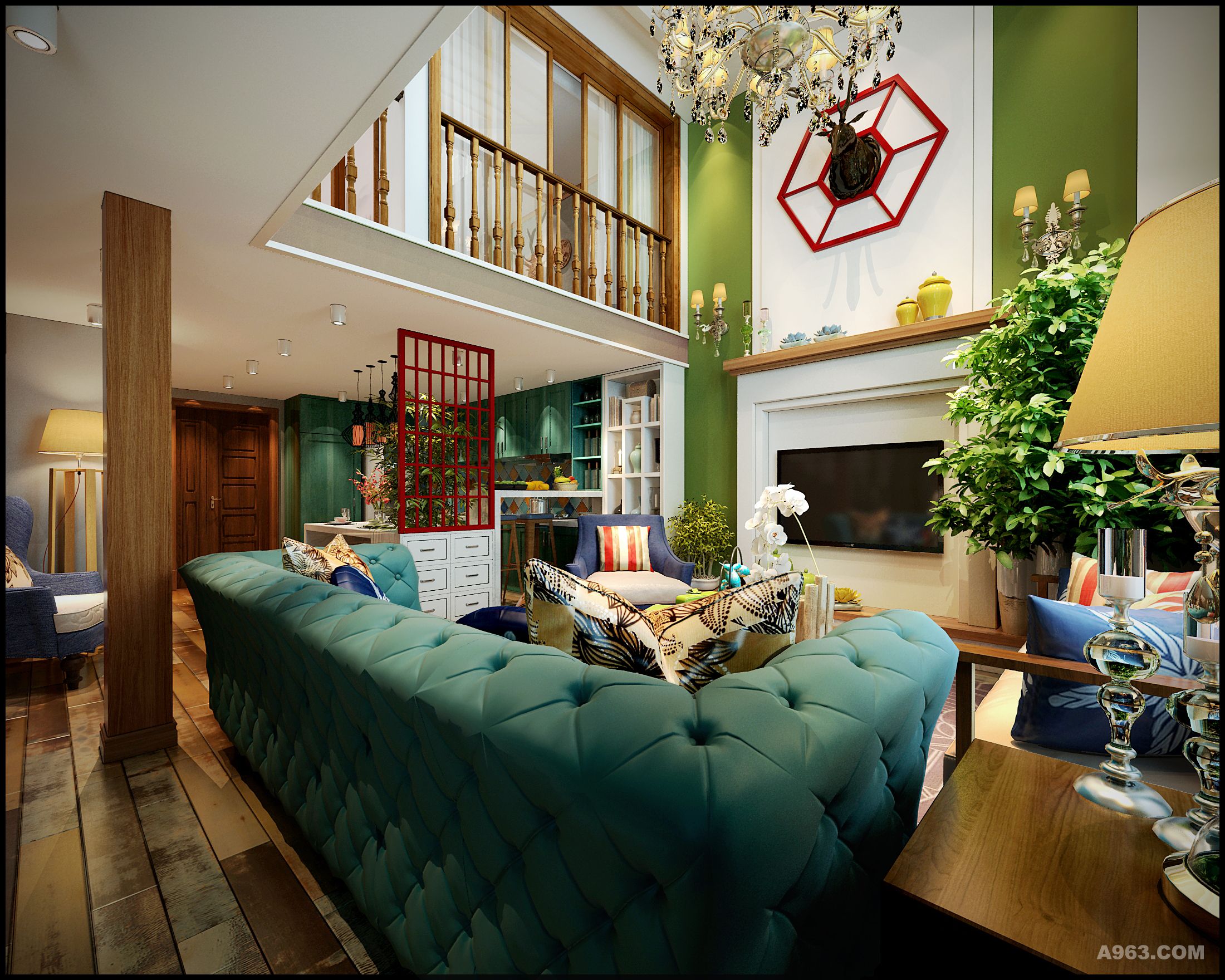     客厅里，有现场定制的美式壁炉和展示柜，后期定制的美式沙发，还有定制的中式窗棂，后期定制的中式沙发，再搭配欧式的鹿头，中西合壁，融合多元素文化。用休闲的地板衬底，绿色的墙面再搭配红色的中式窗棂挑色，形成了强烈的反差。色彩很张扬，但使人感觉到休闲、舒服、放松，是朋友聚会的不二选择。

