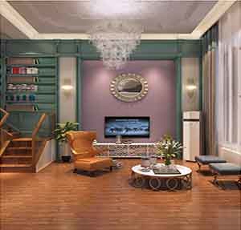   浅紫色的电视背景墙，浅绿色的定制书架，原木地板共同营造了一种自然的、具有大自然气息的客厅氛围，再使用带有金属结构的家具，给空间增加了质感。