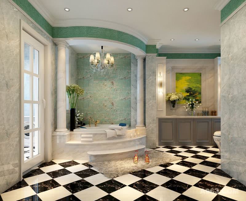    绿色的墙砖圈线与浴缸处浅绿色的墙面都使空间整体清新自然，
白色大理石踏步则使空间高贵而大气，它与黑白格地砖搭配，有种
动静结合之感，使空间更加丰富。
