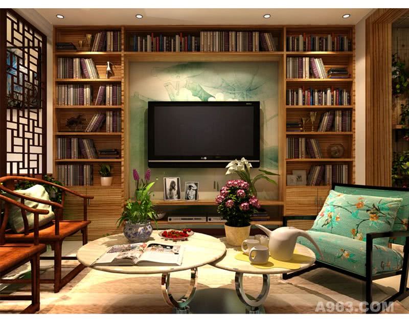    每个人都是自己生活的作家，每天都编写我们各自的生活，而书籍就是生活的养分，滋润着我们的生活，客厅中，电视背景墙面采用书架形式，使空间充满浓郁的书香气息。而简约又个性的茶几和沙发又使空间更加舒适。
