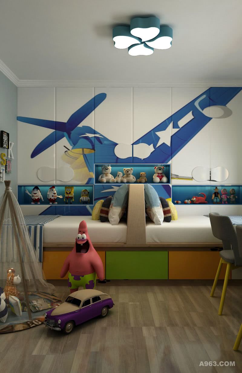 两个孩子都在这个房间，卡通飞机的壁画让空间显得活泼有趣。