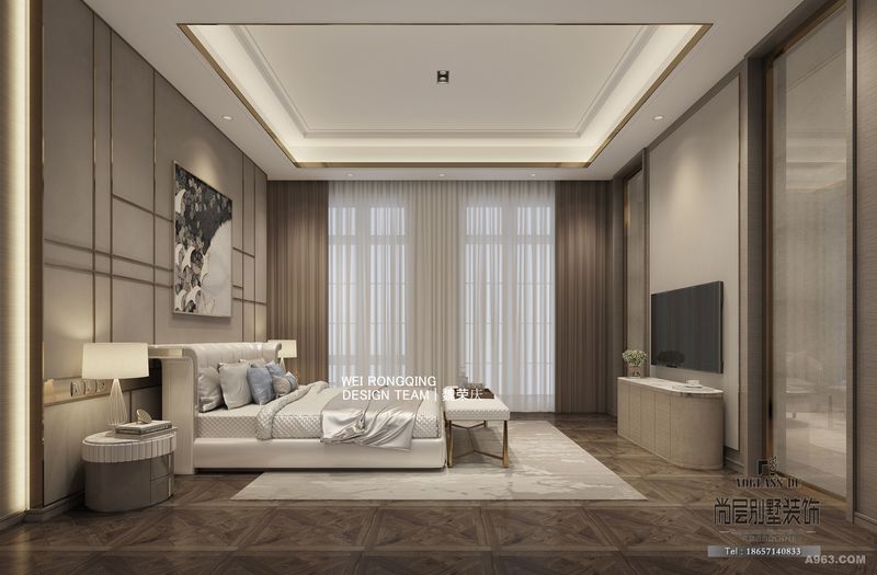 主卧的主要设计诉求便是舒适感的传达，浅米色调晕染空间，过渡的乳白色、浅褐色相衔接，整个卧室萦绕着一种祥和、慵懒的舒适感。