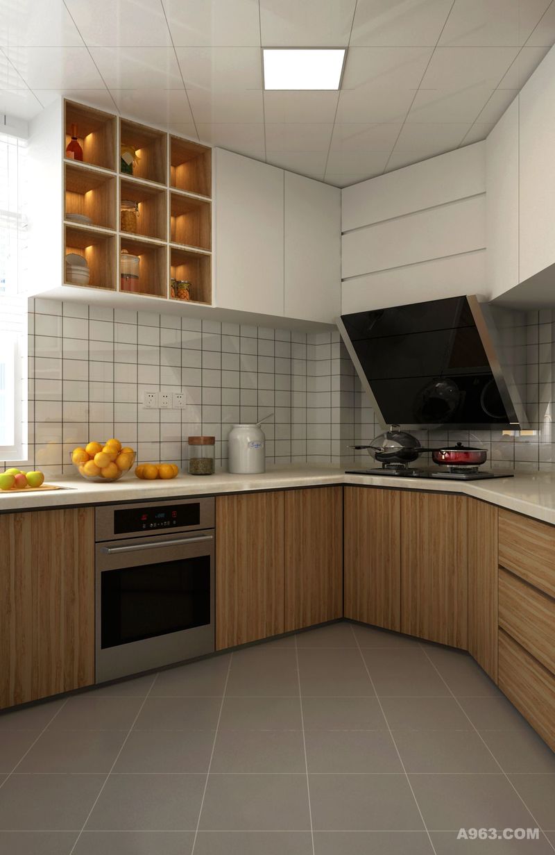 异形厨房，橱柜也跟着户型变化，充分利用空间。