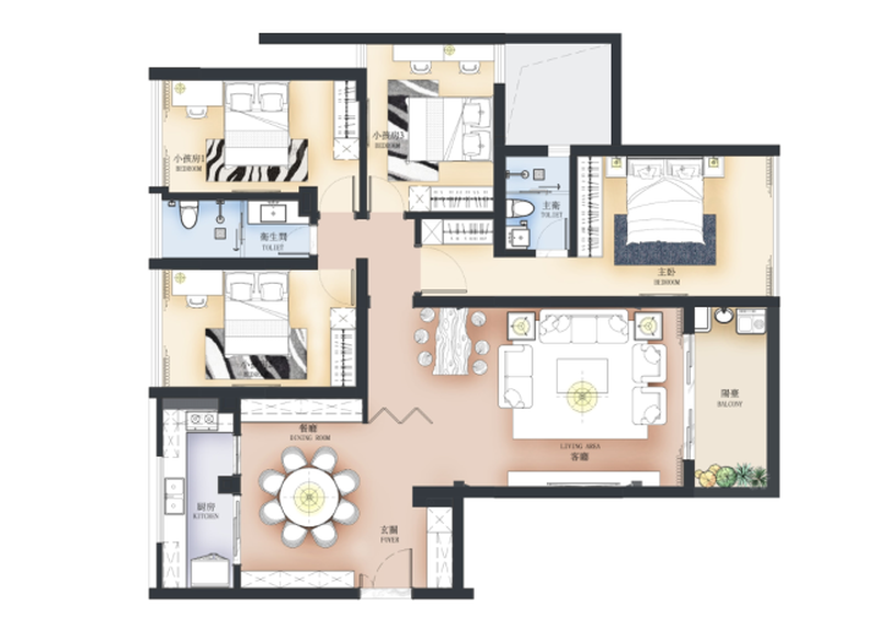 在空间的布局上，考虑到客户是五口之家，所以结构分明，分为客厅、餐厅、主卧、男孩房、女孩房等功能分区。