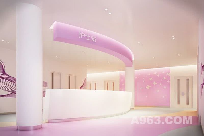 妇科护士站：
在妇科层的设计上，设计师运用了粉紫色及白色等色调柔化了医院硬朗的空间布局。墙面及地面采用了曲线放射手法分割材料色系和丰富空间，拉近了空间与患者之间的距离。