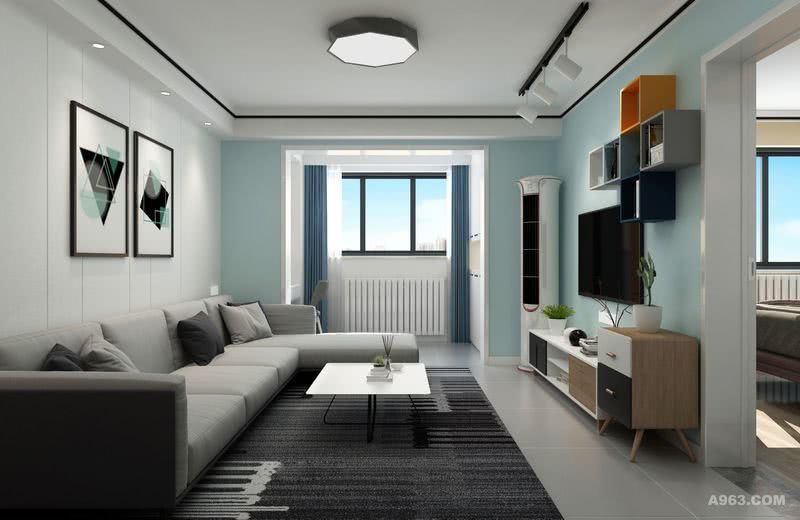 客厅墙面采用2种柔和清爽的乳胶漆，相宜协调。