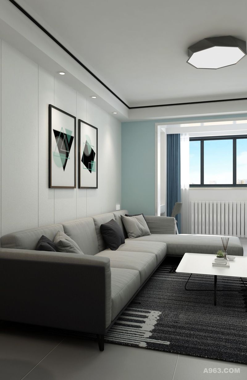 客厅区域比较宽松，布艺组合沙发给家居生活带来更多的舒适感。