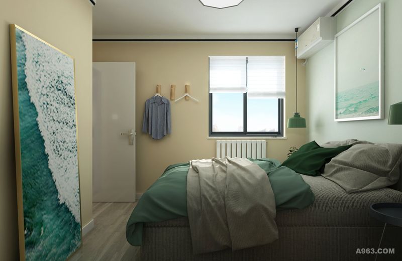 装饰画和床品搭配给休眠空间营造清新美好的环境。
