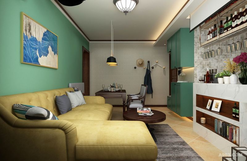沙发、吊灯和壁画都彰显现代美式主题风格。