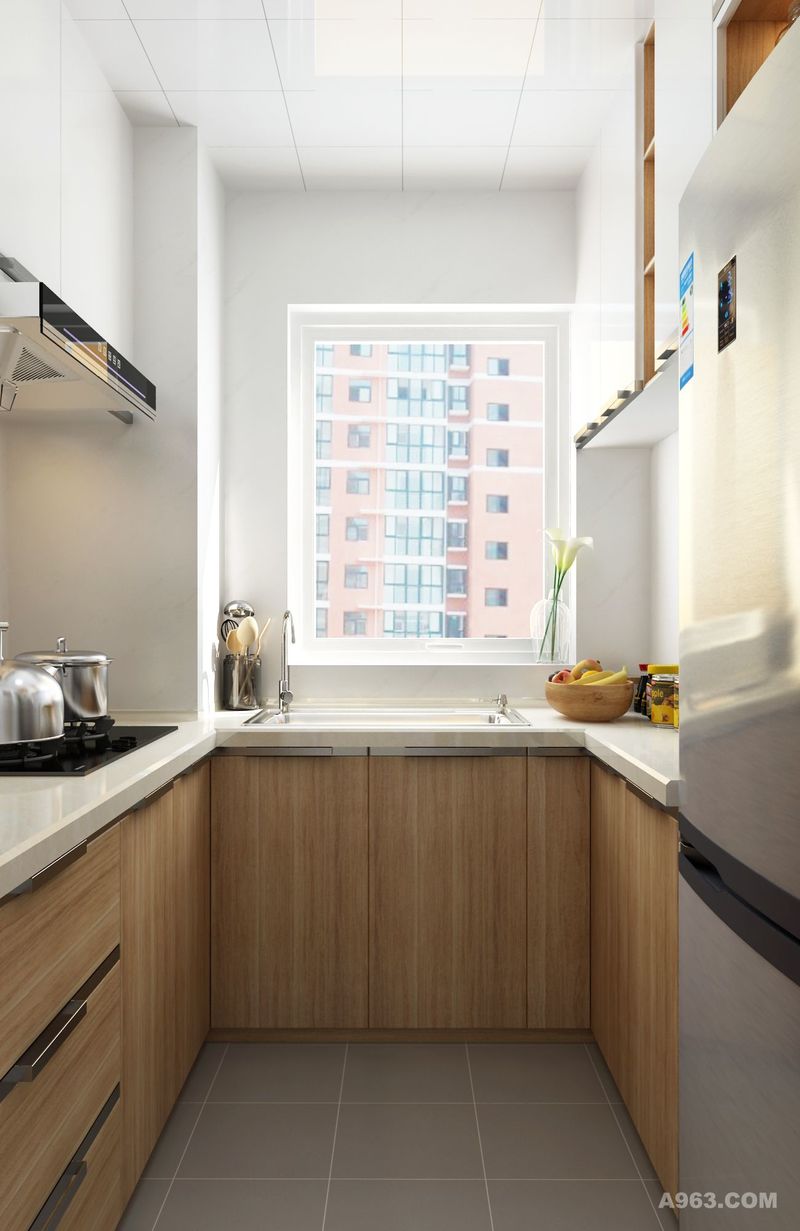 把冰箱嵌入墙体，让空间更规整便利。U型设计充分利用空间，厨房虽小功能齐全。
