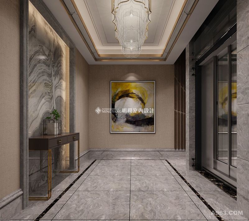 新中式气息家居，简约实用
低调奢华气度非凡
室内空间色调以米色、灰色为主，色彩纯度降低，
明快并且充分调和。
墙面明黄色的抽象画作搭配，
让整个空间雅致而有意境。
