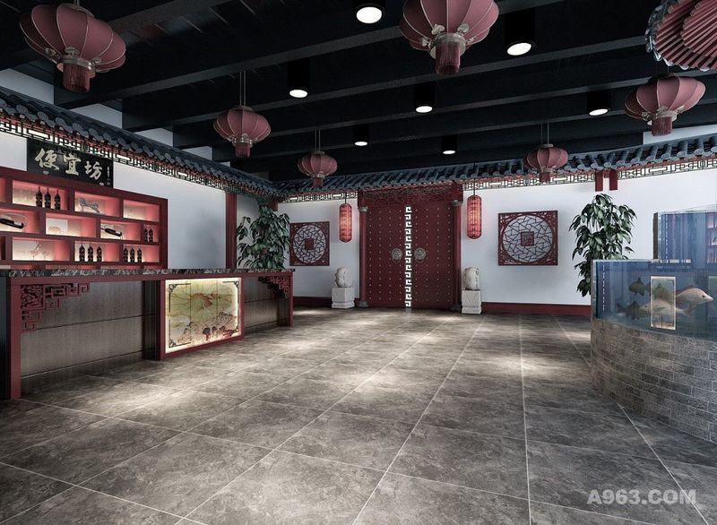 大厅：规划后空间通透，贯穿。以中国红，青砖灰瓦为主色调，地面采用灰色哑光水泥砖搭配白色墙面