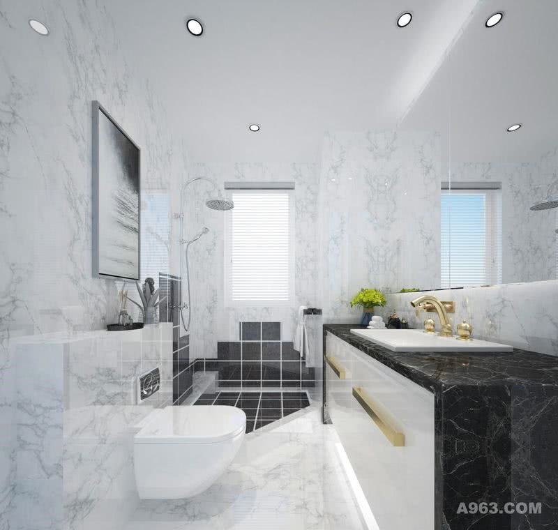 卫生间设计独立淋浴区，地面以挡水石分割，区域内铺贴黑色小方砖，墙面局部以小方砖点缀，增加灵动感