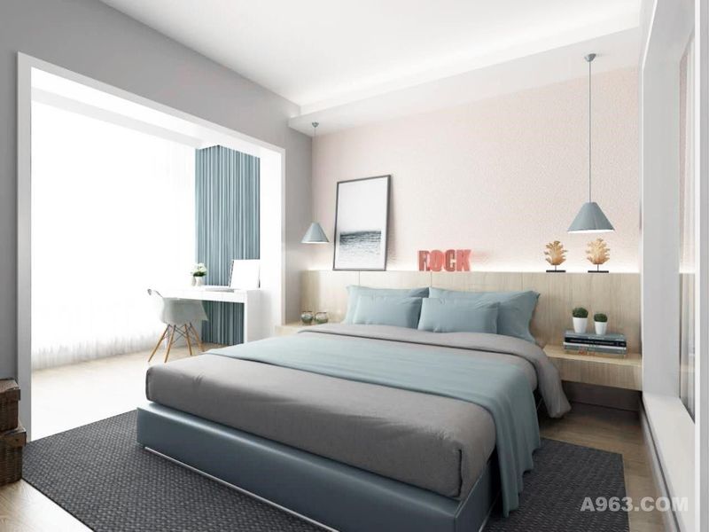 卧室色调清新明亮，以浅色为主，给人静谧舒适感。