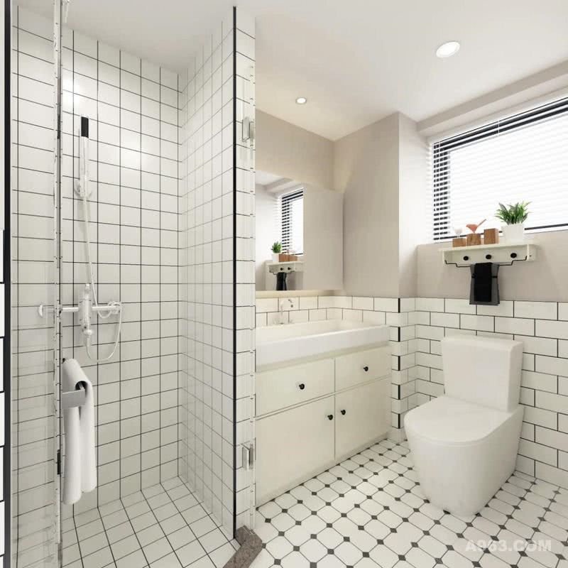 卫生间以简洁白色调为主，白色小方砖加以黑色勾缝增强空间对比。