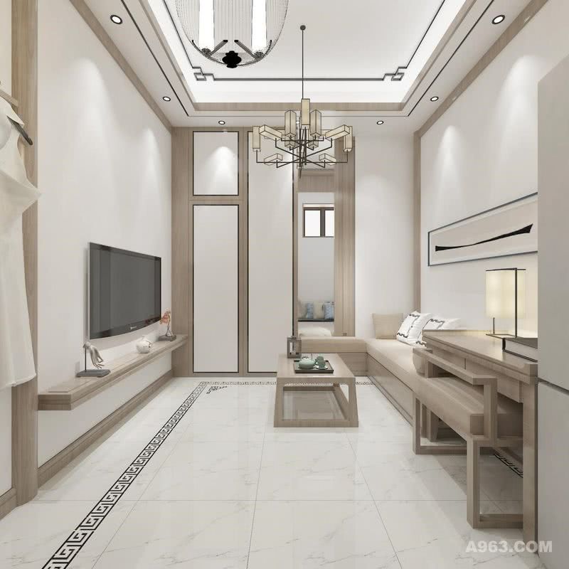 客厅另一角度，新中式利用线条感呈现简洁留白的设计理念。