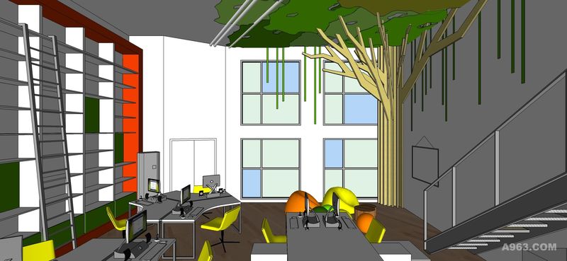 用密度板做成的树为办公空间增添了不一样的工作体验。同时也起到对休闲区和办公区的空间划定。