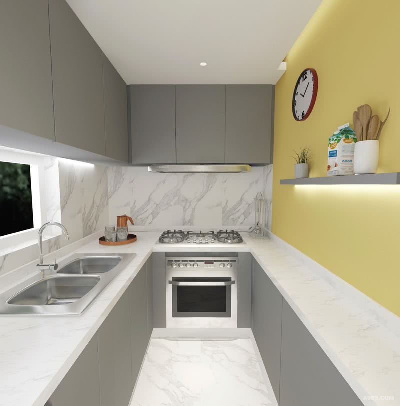 厨房的处理，主要采用灰白黄的色系，使得整个空间简洁，黄色更能有助于食欲，