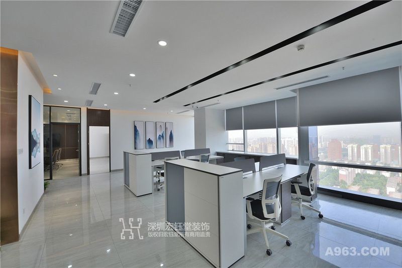 郑州专业办公室装修设计公司-新泰和通信工程公司现代新中式办公室开敞办公区实景图