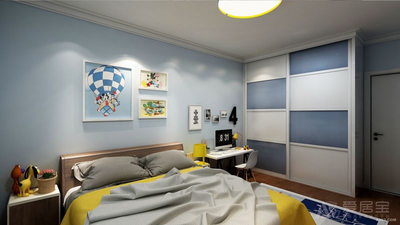 儿童房原先的不规则形状被改为长方形，增加了橱柜的空间。飘渺蓝的墙面在与主色调统一的同时，更添了一份天真烂漫。