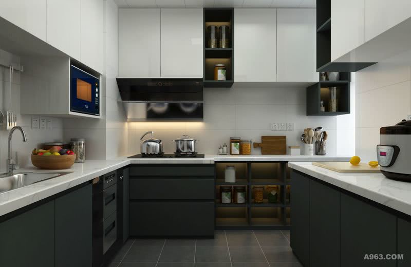灰色纹理的台面，过渡融合了上下柜，宽敞整洁的厨房为美好生活提供更多能量。