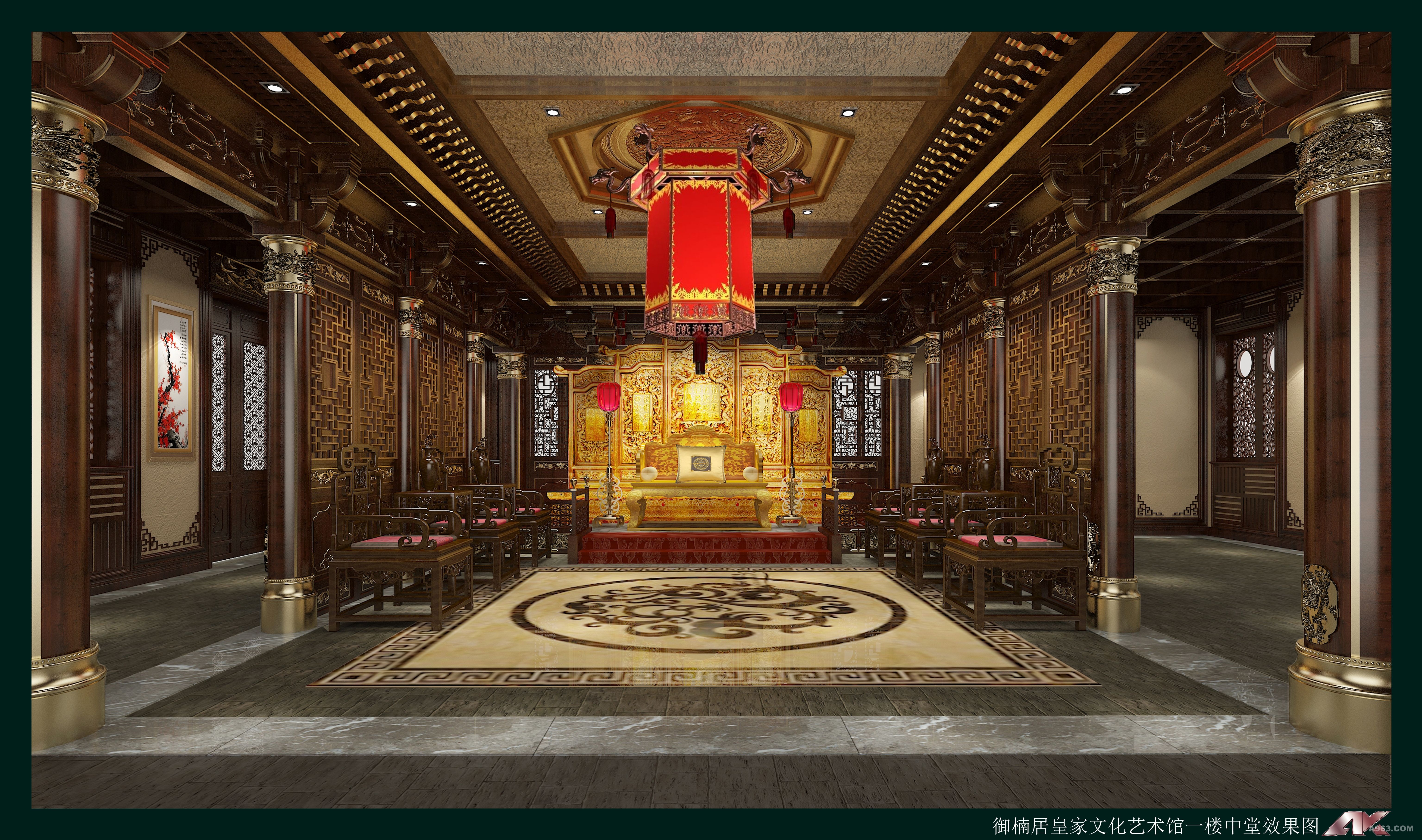 中式古典文化会馆前厅气势非凡，犹如古代皇宫殿堂一般，色调大气富贵，暗淡与闪耀相互搭配之中显得低调而不张扬。中式古典文化会馆所要表达的还是中国传统文化的一种精髓，为大家展示千百年来传承文明的宝贵，而此处以中式古典建筑的设计手法来建造的文化会馆挣是中式文化的一种完美体现。