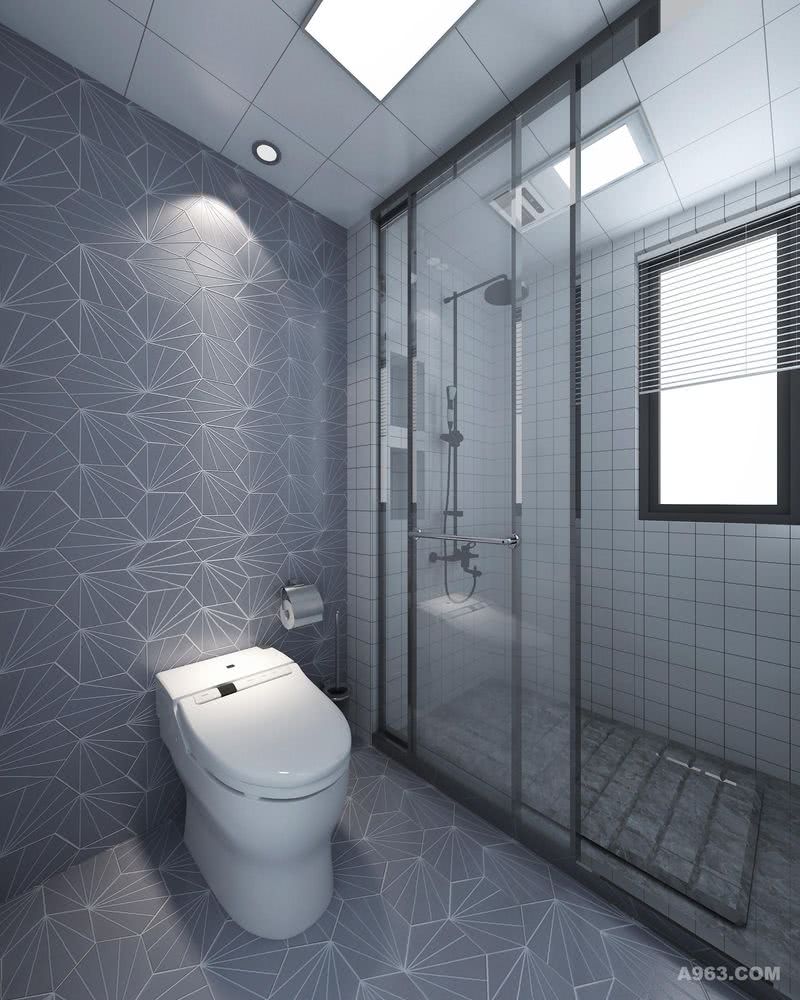 卫生间沐浴房的壁龛很实用，小白砖清新空间，灰色六角砖连接墙地，空间看起来新意十足。