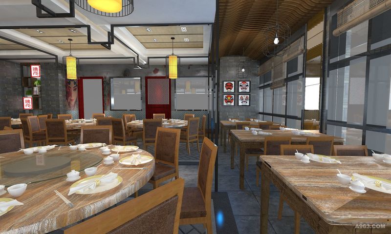 餐厅大厅区域散座：多用黑色镜钢分区，右侧用木制加工做成波浪形异性吊顶，增加律动感