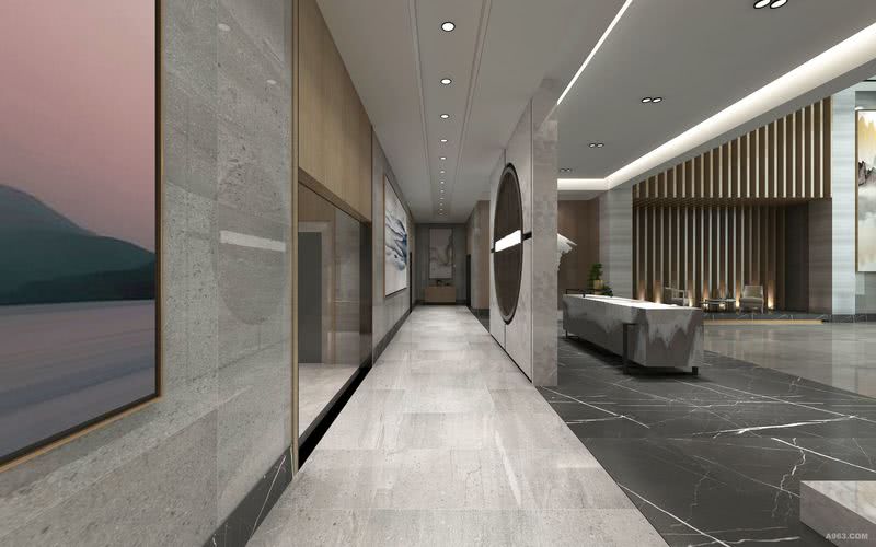 一楼过道——新中式的办公空间设计，过道采用大理石墙面、地面，使整个空间融为一体，又有向前的延伸感，意境悠远而绵长。