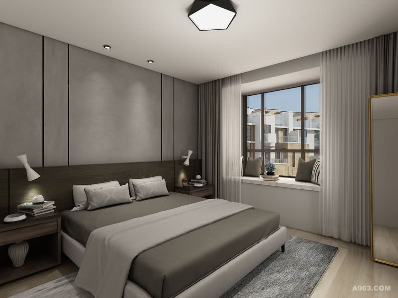 卧室隐去传统复杂沉重的设计表现，用减法来表现现代元素，灰色的床头背景与深色木质床屏明确了空间的界限，也体现了极简的空间布局。让空间更具有当代的气息。