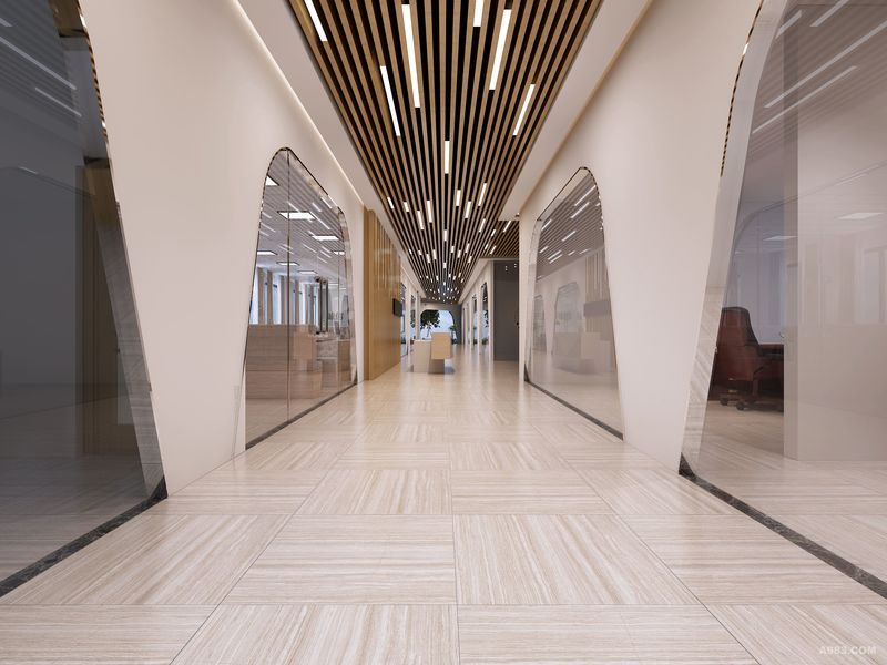 长长的走廊，弧形的落地玻璃，更像是在艺术馆内行走。
The long corridor, the curved ground glass, is more like walking in the art museum.