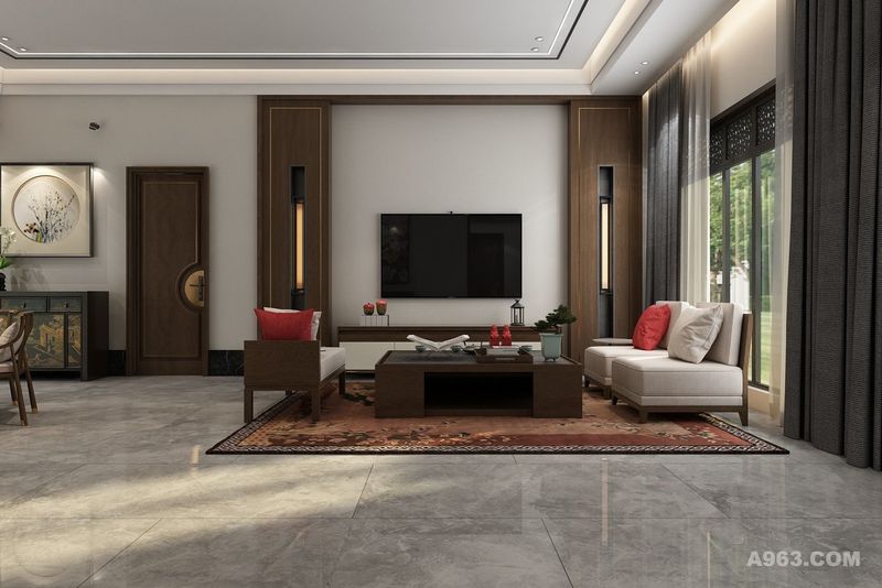 客厅大气开阔，没有中式的沉重压抑，不是纯粹的元素堆砌，将清新却不失典雅的原木色与现代元素结合在一起。保留中式对称，以现代人的审美和功能需求打造富有传统韵味的客厅空间。