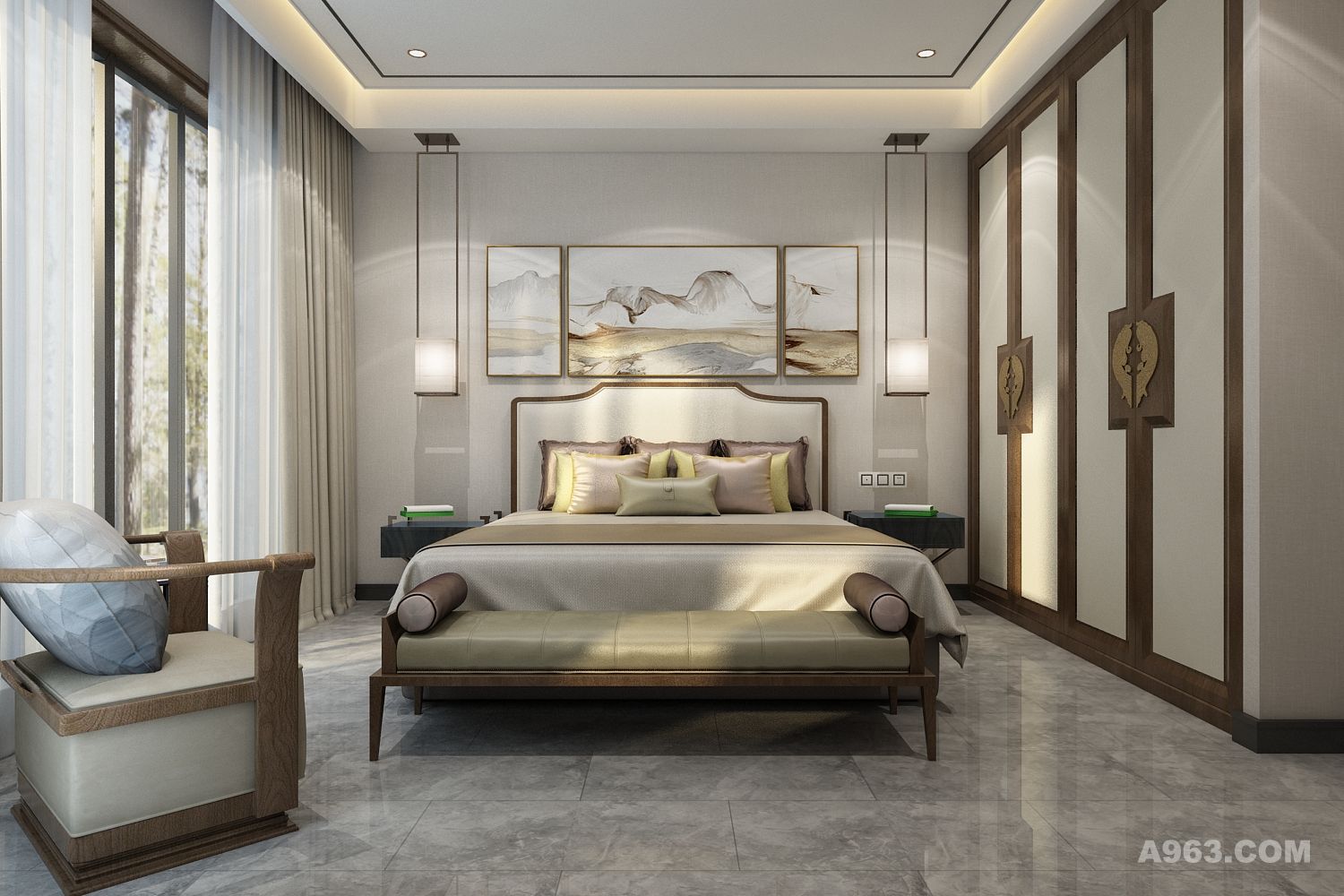 简约卧室风格基调，以现代人钟爱的自然元素点缀，为空间注入一抹柔和气息。温润的材质，拉丝黄铜的奢华质感，新亚洲元素与些微的时代感，属于灵魂的休憩之地。