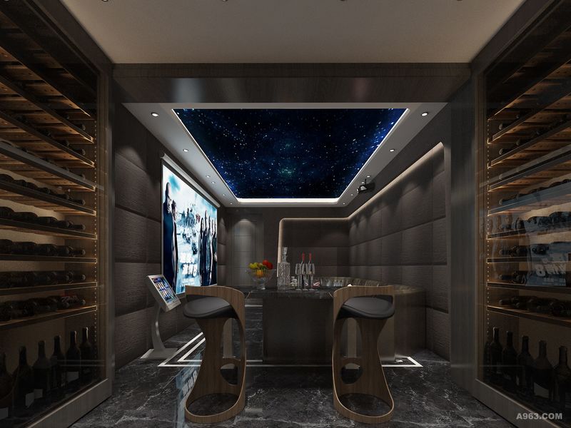 影视厅结合酒窖处设计了吧台，娱乐喝酒时能有空间满足。墙面异形灯槽设计让空间显得更现代化，科技化。