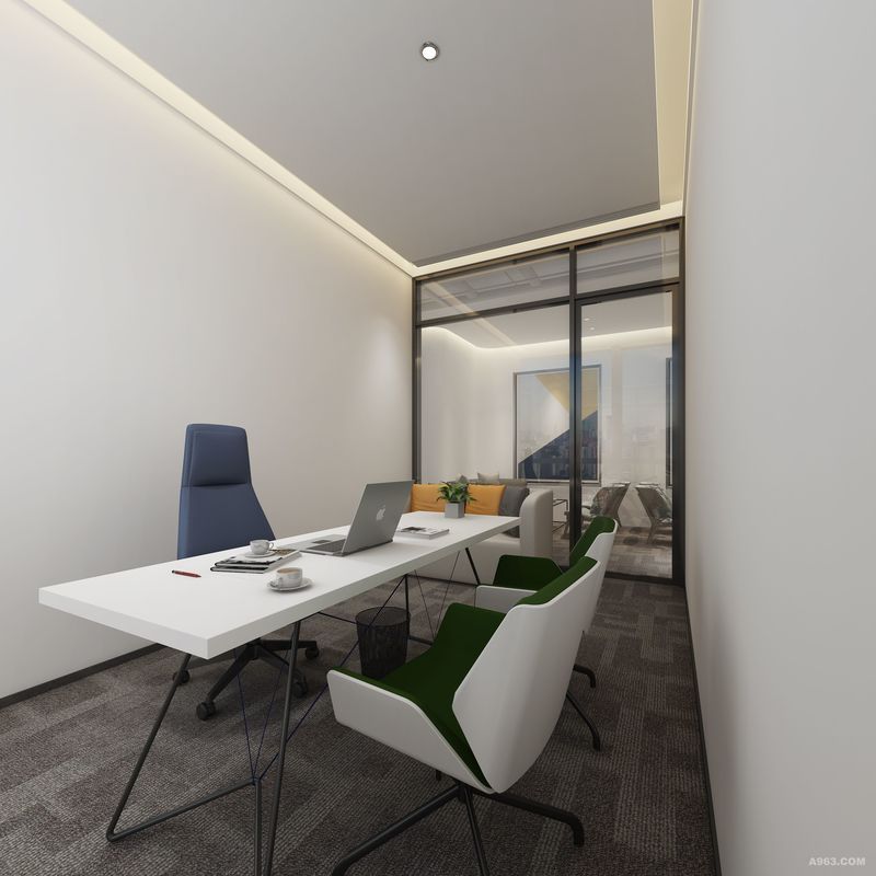 独立办公室空间相对来说较为狭小，软装上选用蓝绿与爱马仕橙加以点缀，再搭配简单的绿植，狭小的空间看起来也是生机勃勃。