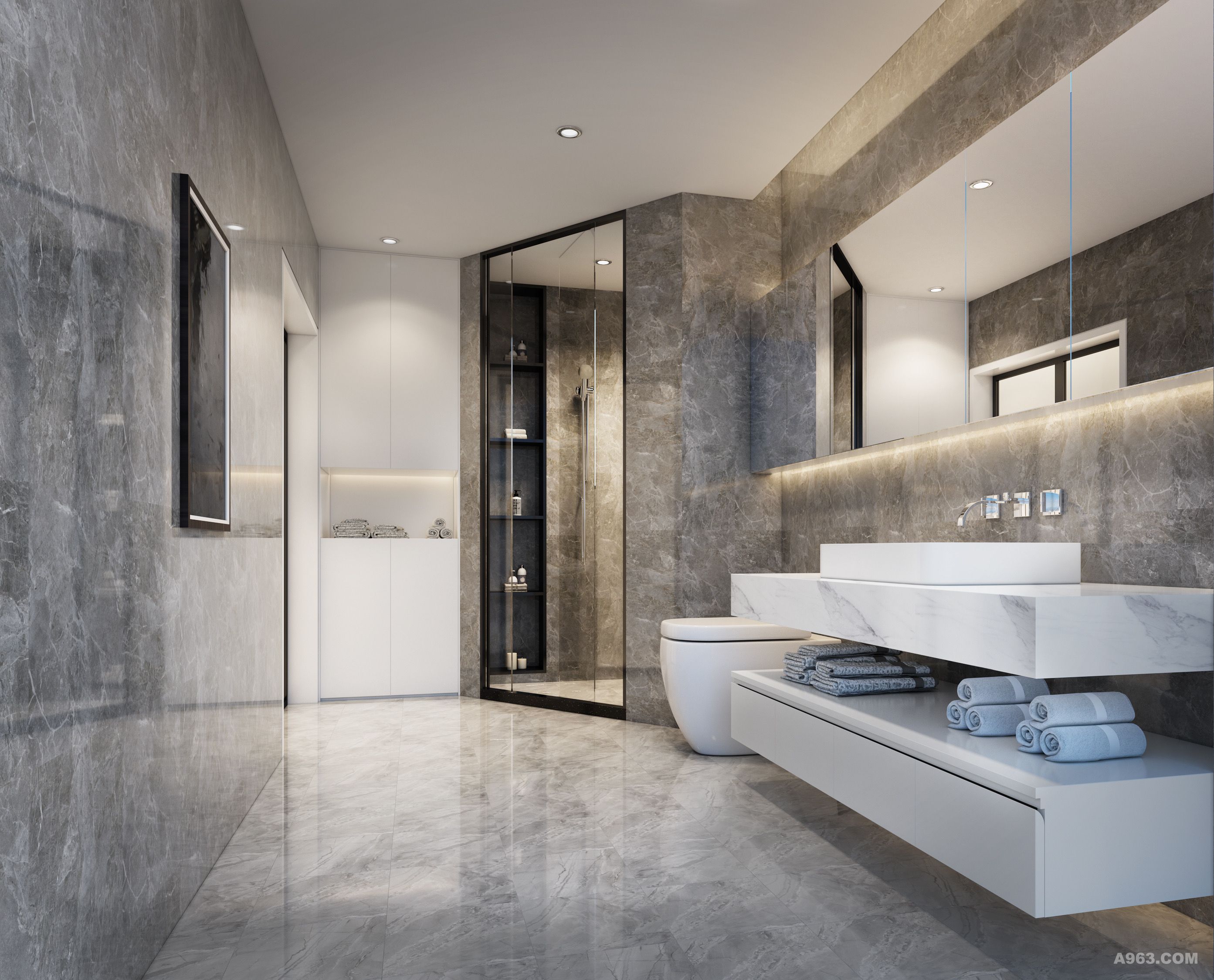 卫浴间采用帕斯高灰大理石营造高档家居质感，同时合理地进行干湿分离，非常人性化，浴室镜柜美观靓丽，且十分实用。