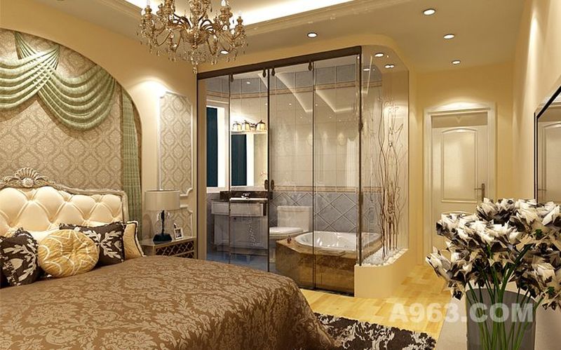 卫生间设计：
墙面简单的造型，深浅呼应的壁纸大面积的浅色窗帘，轻巧浪漫，配上主卫大气的玻璃隔断，让卧室中的下午茶时光更加惬意美好。
